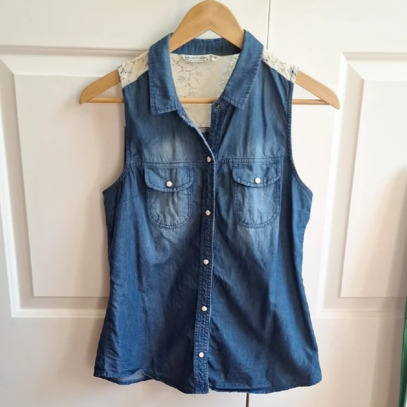 Soft Denim Sleeveless Top with Lace Shoulders - Picture 1 of 4